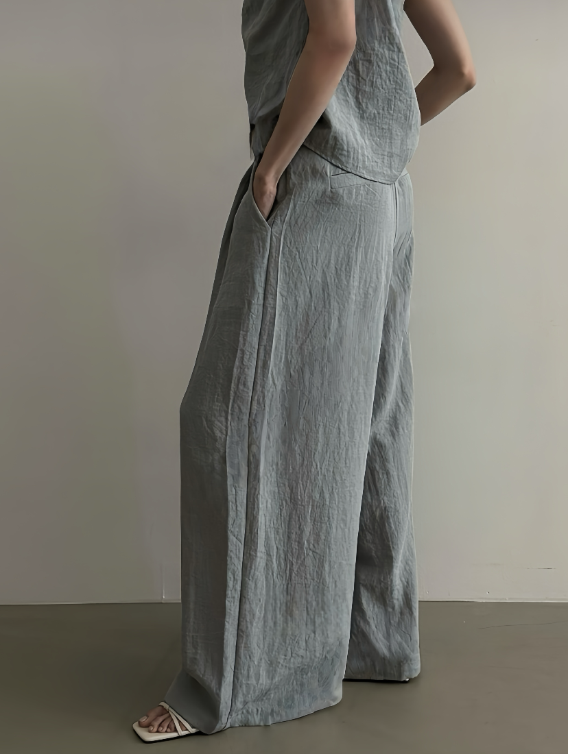 ST21508 - Designer niche asymmetrical one-shoulder strap + high-waisted straight loose casual long pants set