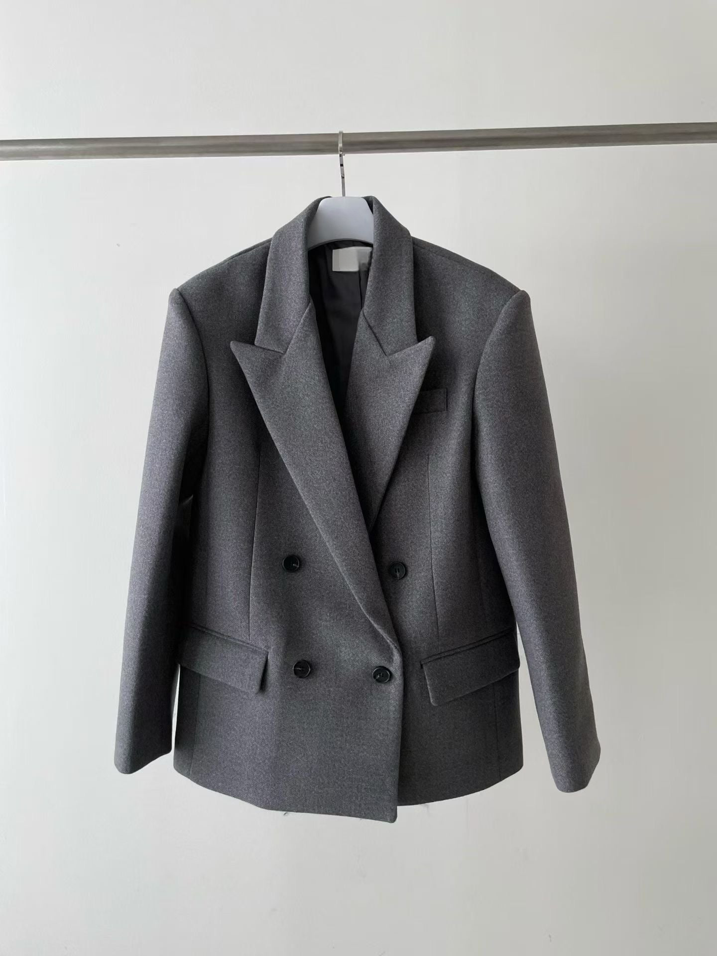 OT22026- 韓國設計師款經典寛鬆百搭毛呢雙排扣西裝