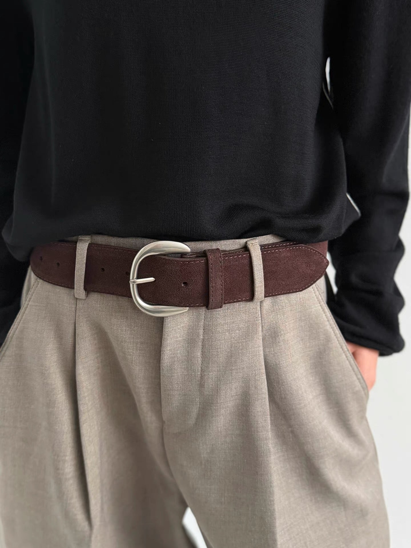 AC22066- 質感麂皮牛皮寬版腰帶皮带