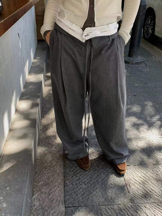 PT21996- 韓國設計感爆棚羊毛混紡繫帶闊腿褲