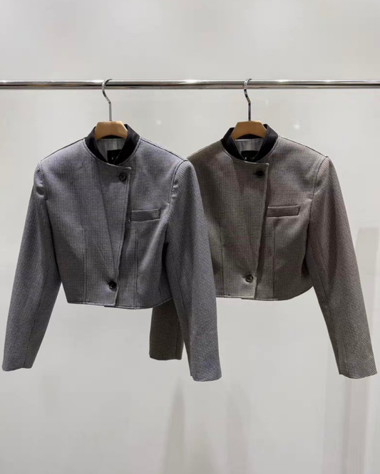 ST22306- 韓國設計師早春新款「英倫風」格紋圓領短版套裝