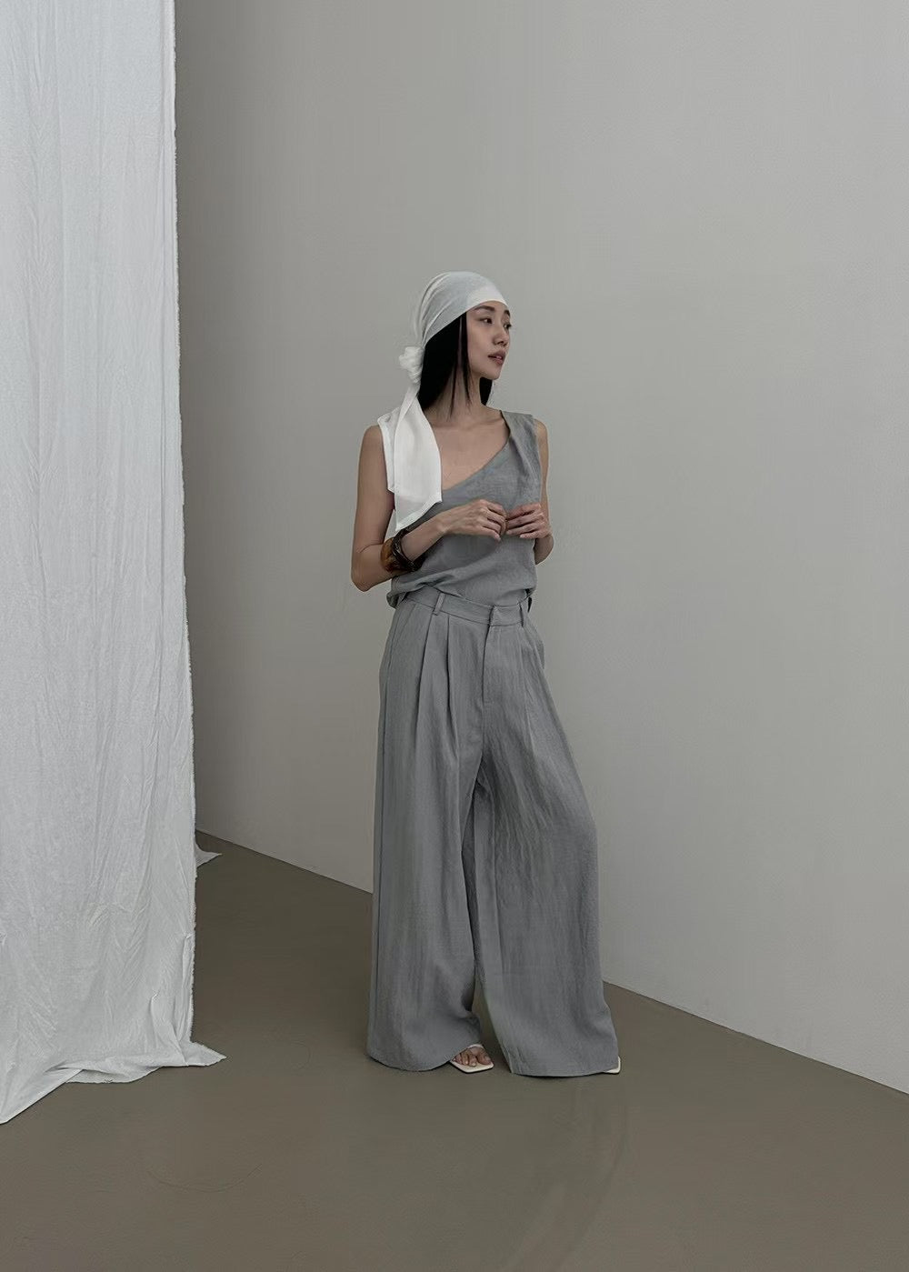 ST21508 - Designer niche asymmetrical one-shoulder strap + high-waisted straight loose casual long pants set