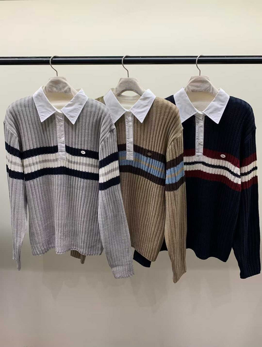 TP21903- 韓國設計師品牌學院風撞色領條紋針織衫