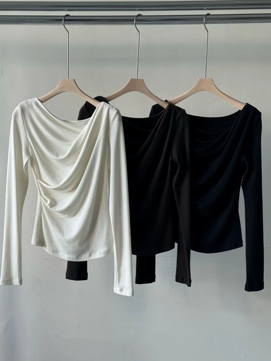 TP21986- 韓國法式優雅不對稱垂墜露肩上衣