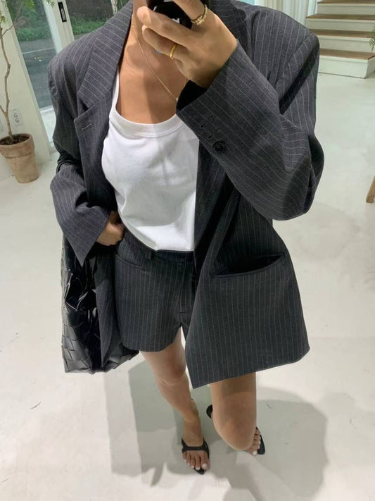 ST21886- 韓國英倫風高級感Oversized條紋西裝+橡根腰短褲套裝