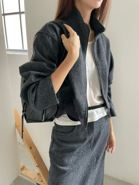 ST21919- 韓國短版拉鍊夾克與長裙套裝(不包腰带)