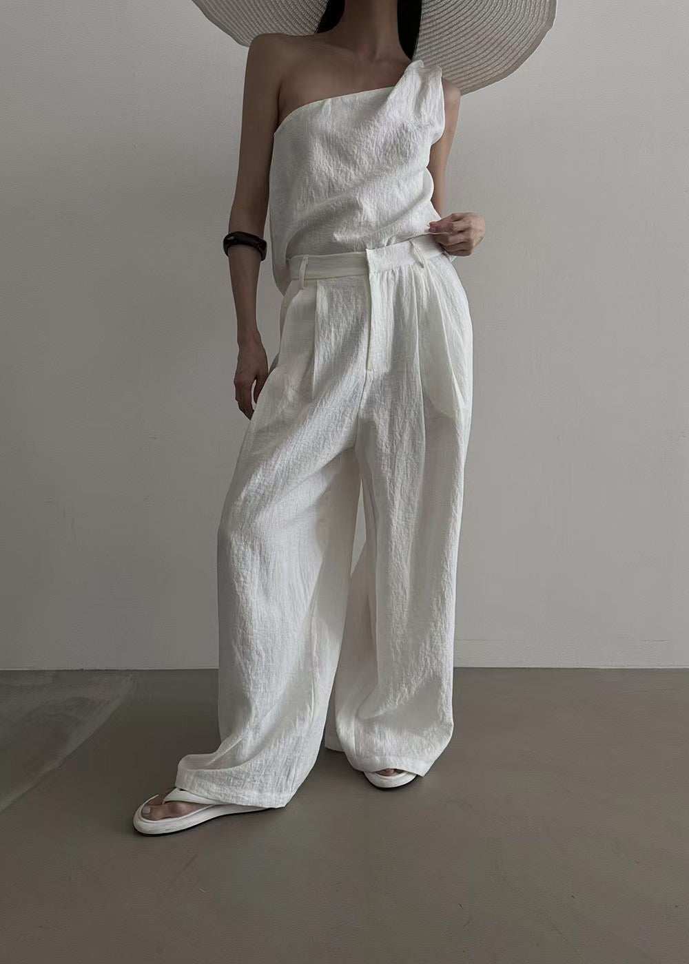 ST21508 - Designer niche asymmetrical one-shoulder strap + high-waisted straight loose casual long pants set