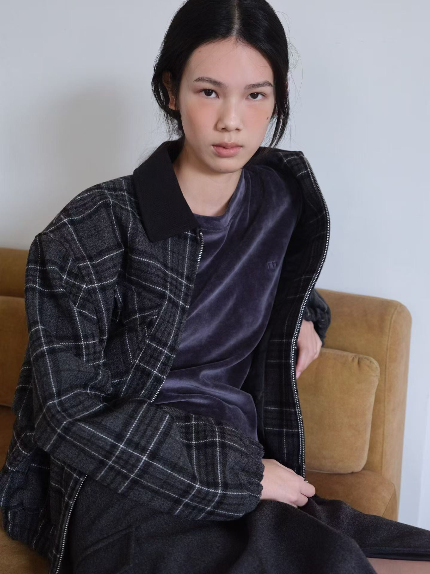 OT22028- 韓國設計師款學院風格紋毛呢短版外套