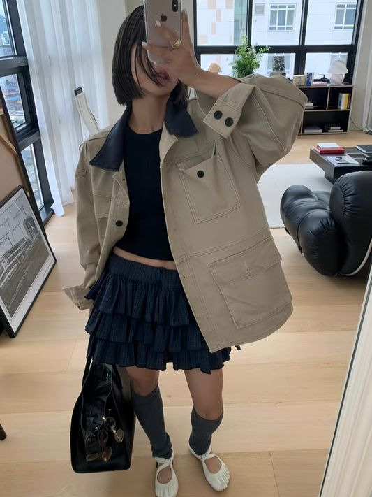 OT21828- 韓國中長款拼接翻領寬鬆工裝牛仔外套