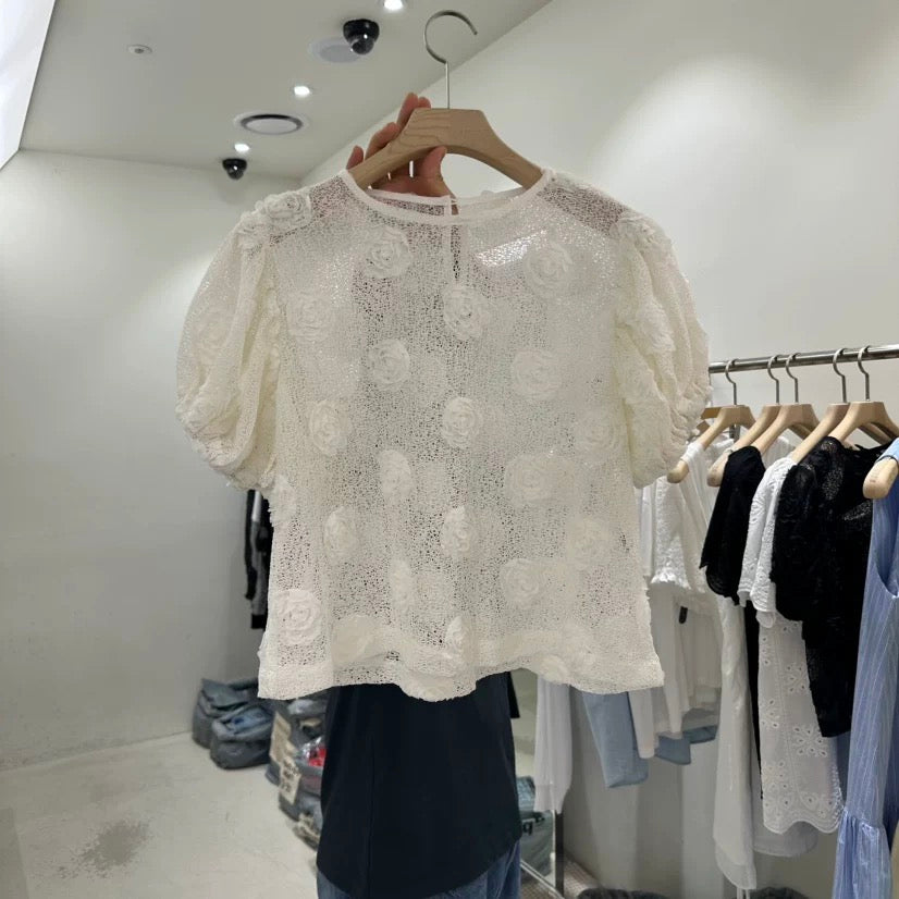 TP21539B- 立體花朵蕾絲泡泡袖透膚上衣