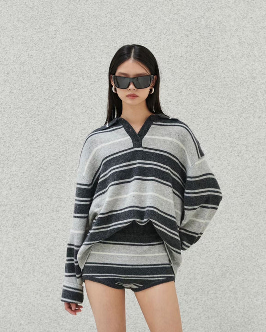 ST21978- 韓國設計師款氣質學院風條紋針織POLO短褲套裝