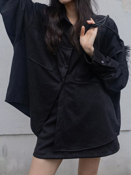 ST21936- 韓國麂皮絨襯衫與短裙套裝(不包皮带)