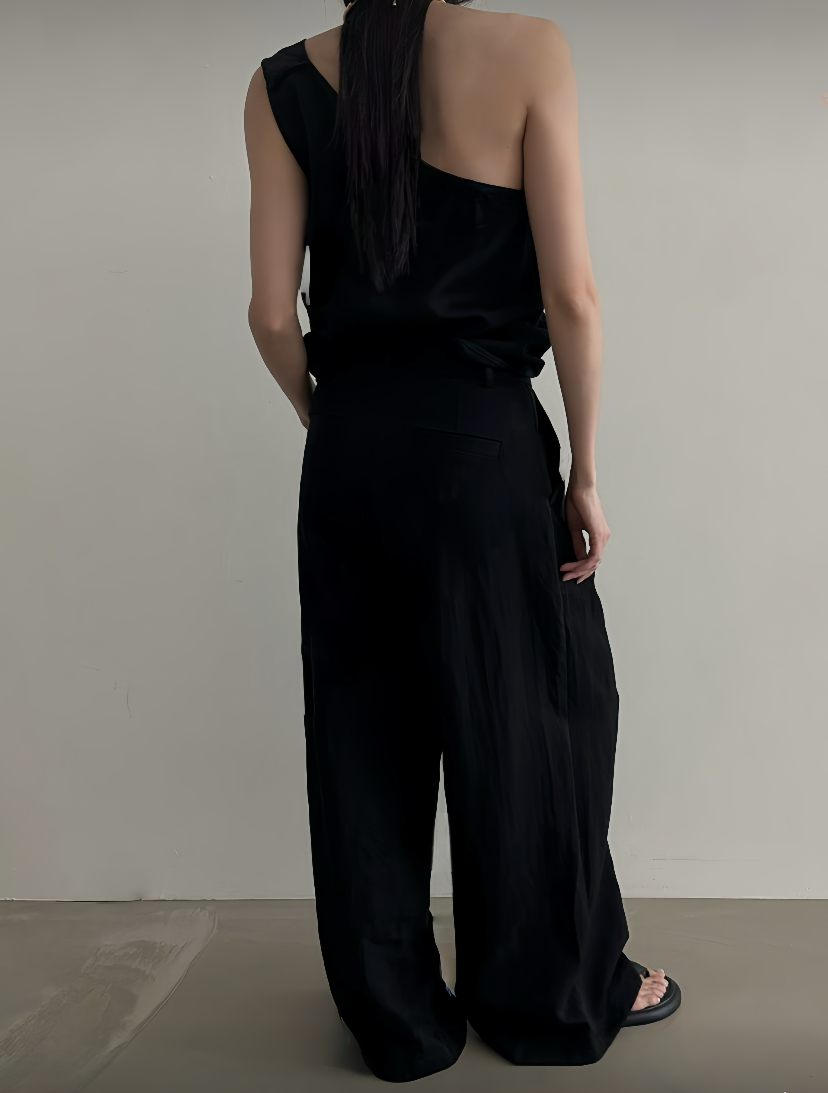 ST21508 - Designer niche asymmetrical one-shoulder strap + high-waisted straight loose casual long pants set