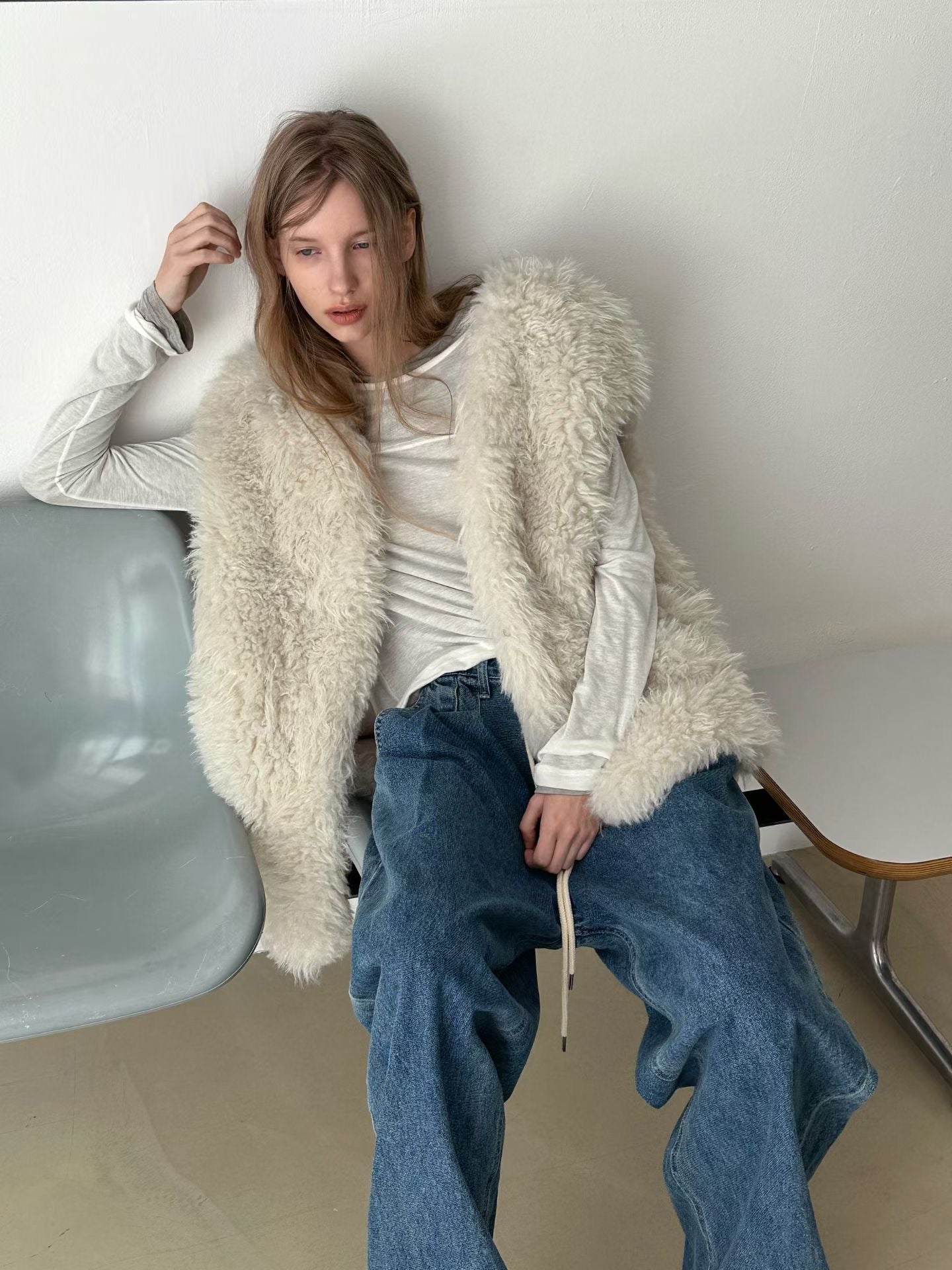 OT21998- 韓國V領fake fur羊羔毛环保皮草馬甲背心