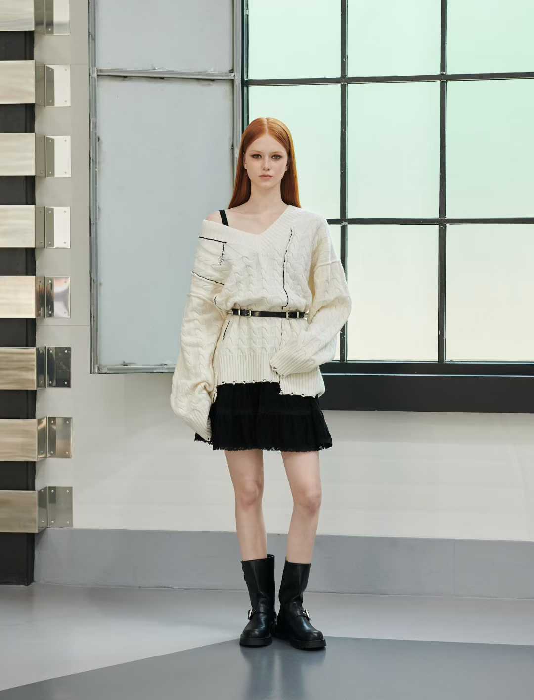 TP21996B- 韓國設計師款oversize手工縫線麻花V領毛衣(不包腰带)