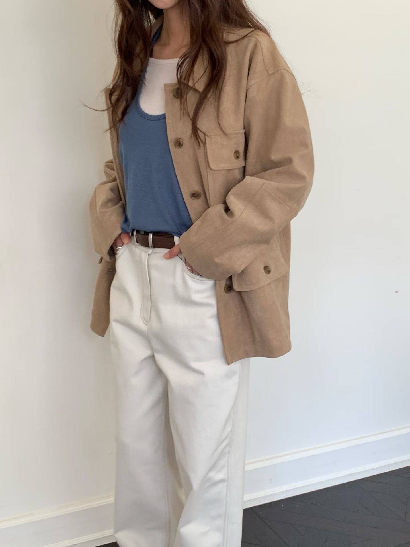 OT22018- 韓國復古寬鬆工裝大口袋翻領高品質防麂皮外套