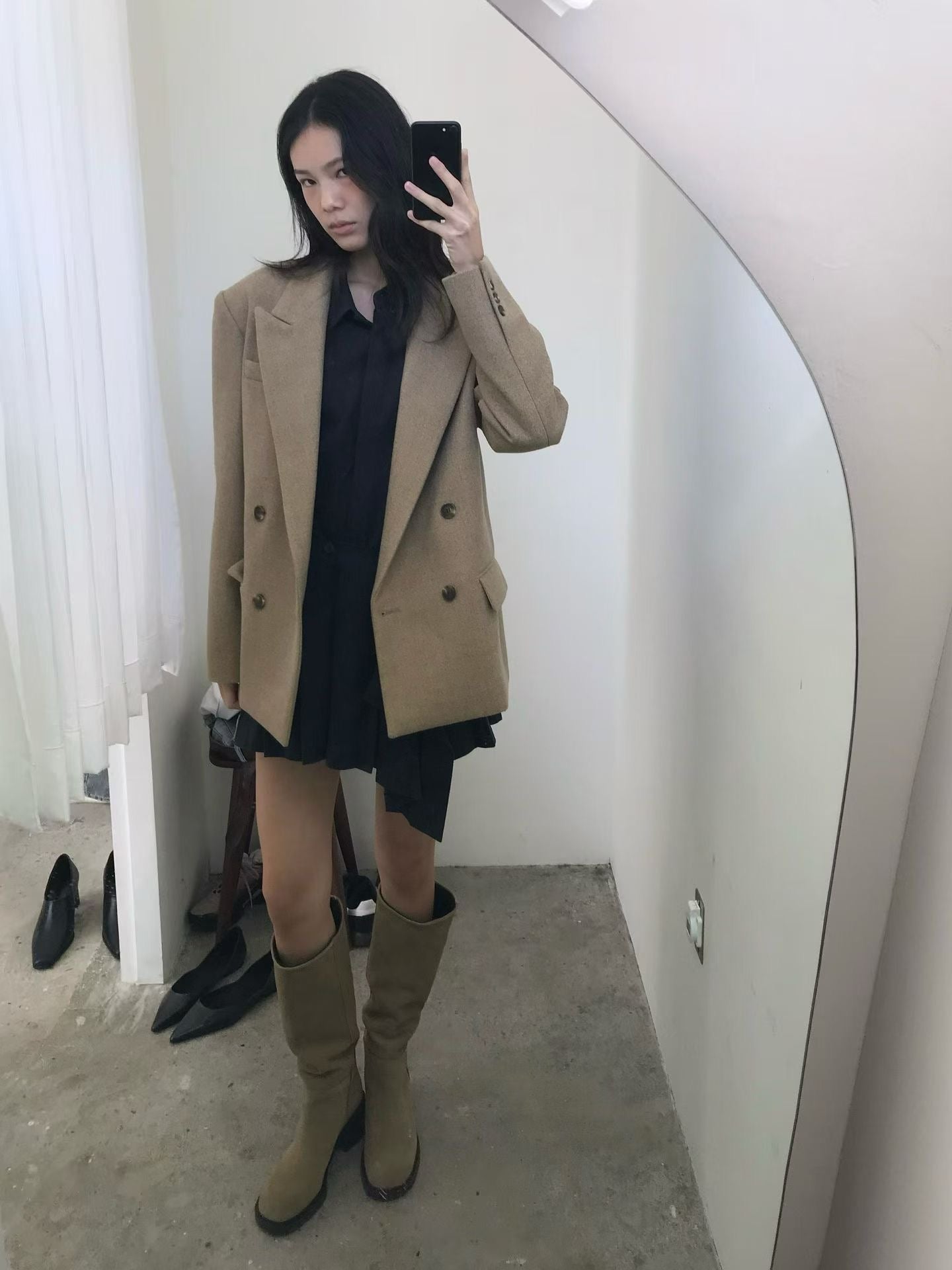 OT22026- 韓國設計師款經典寛鬆百搭毛呢雙排扣西裝