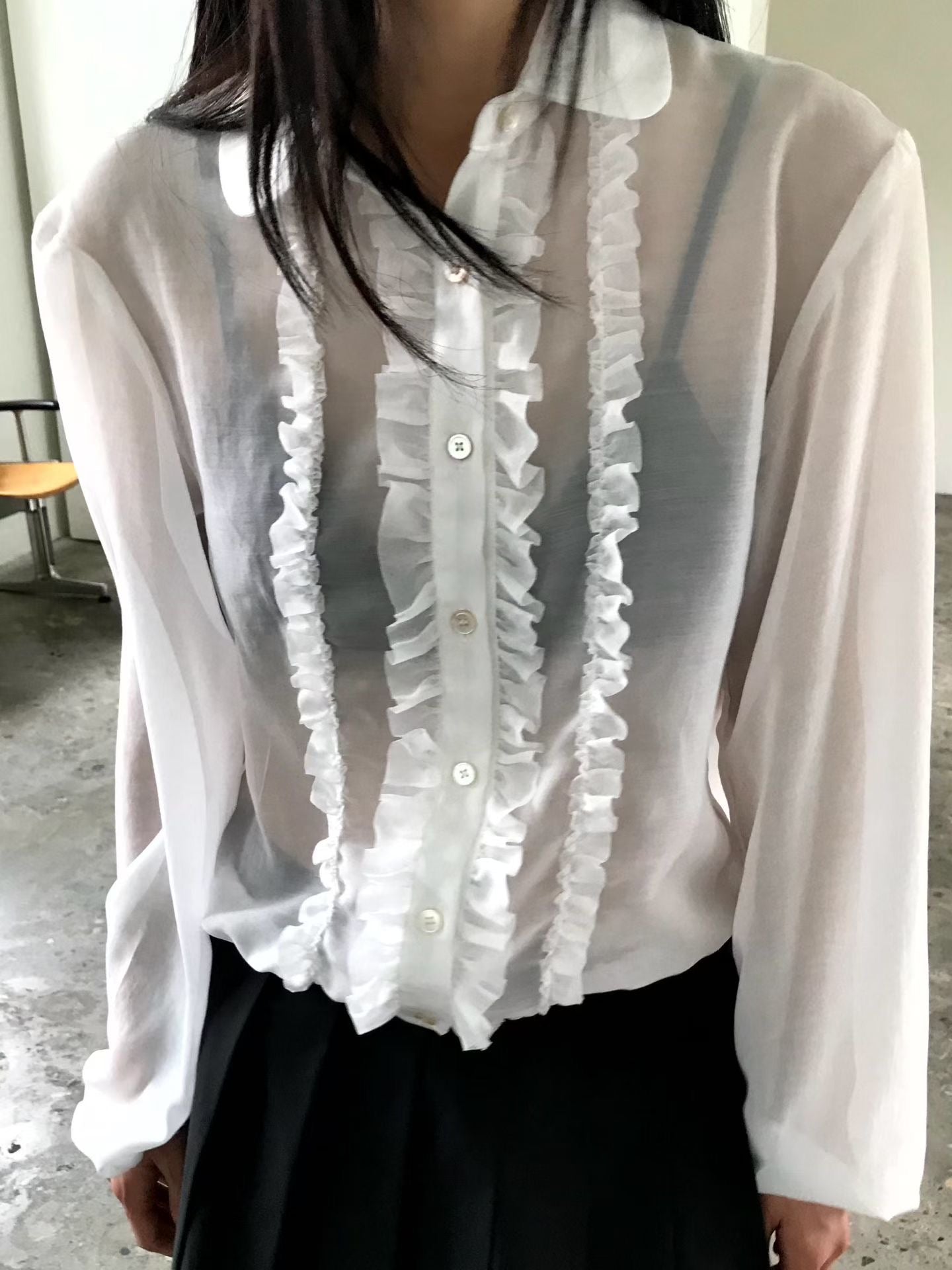 TP21968- 韓國浪漫法式甜美荷葉邊雪紡襯衫