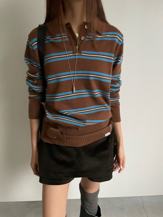 TP21932- 韓國舒適polo領寬條紋針織衫