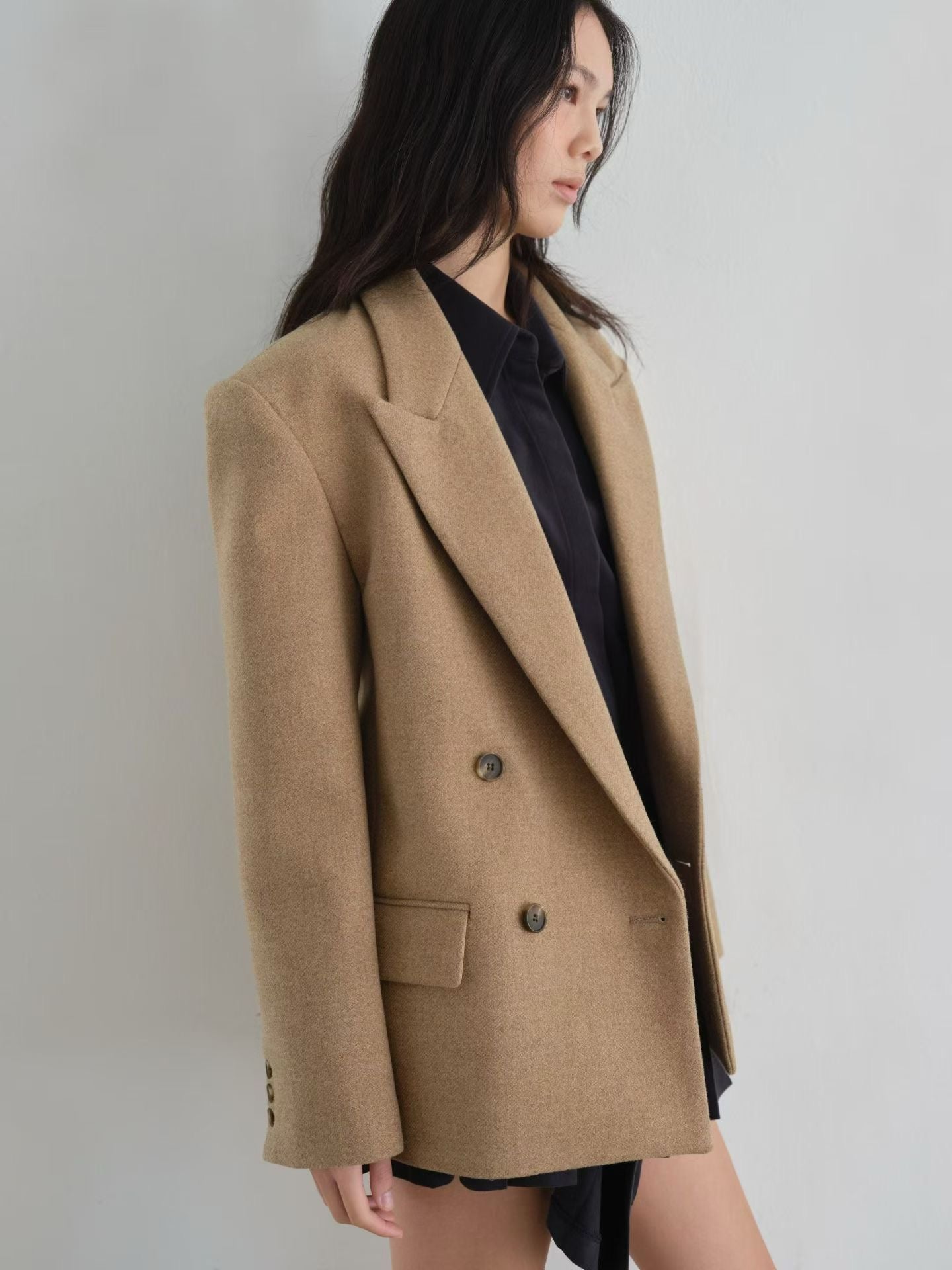 OT22026- 韓國設計師款經典寛鬆百搭毛呢雙排扣西裝