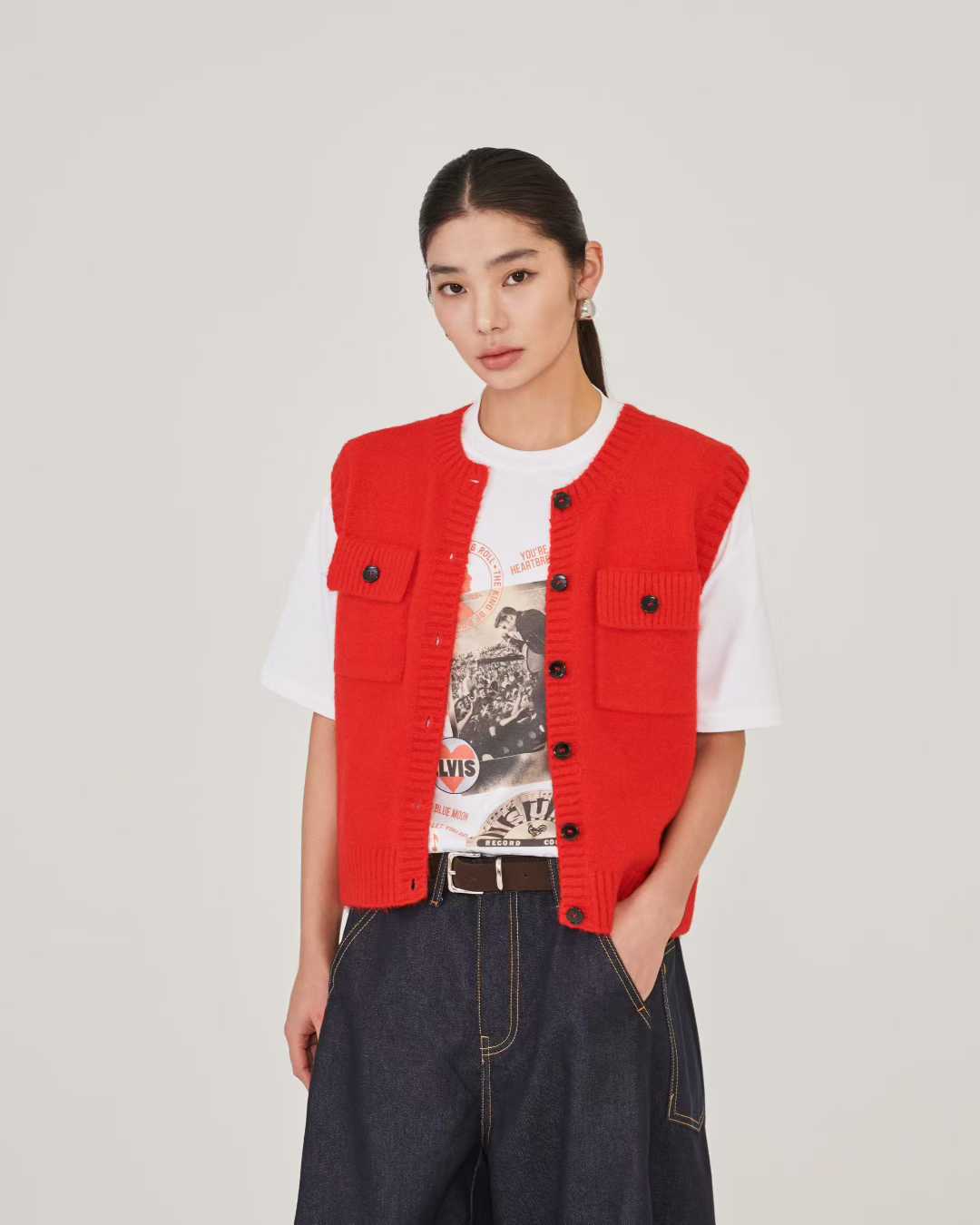 TP22078- 韓國設計師款學院復古雙口袋羊毛混紡針織背心