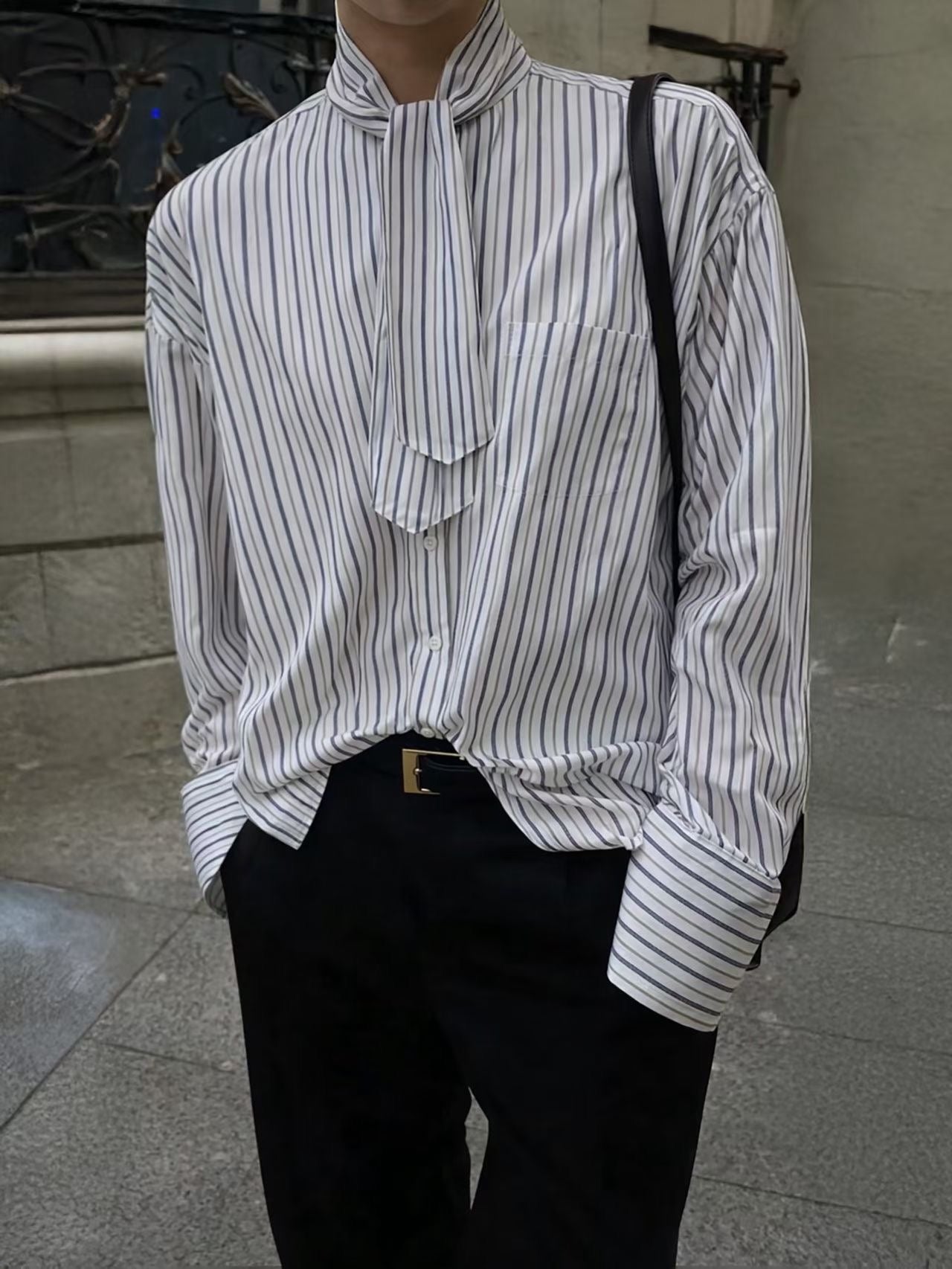 TP22309- 韓國早春新款法式繫帶條紋長袖襯衫