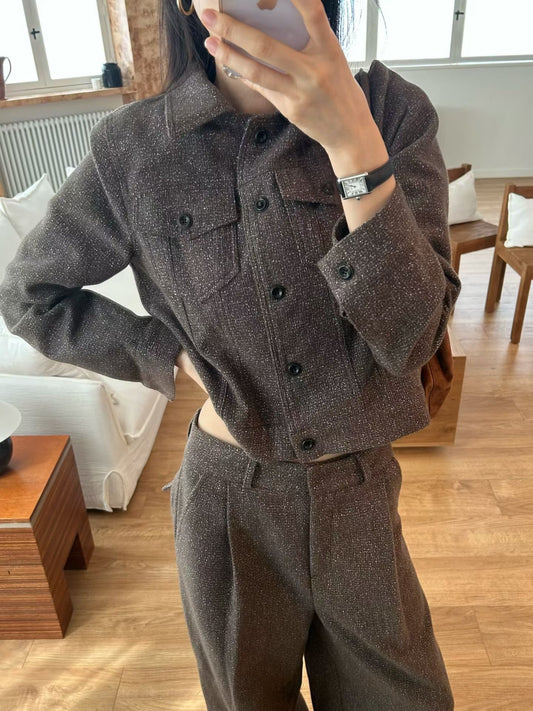 ST21922- 韓國混花毛呢短外套長褲兩件套