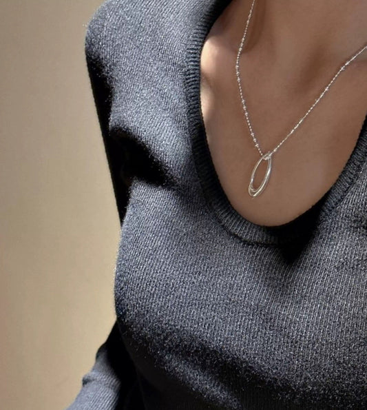 JW21586- 純銀簡約橢圓形閃光項鍊時尚個性鏤空水滴鎖骨鏈