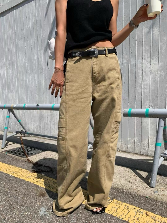 PT21810- 韓國個性高腰工裝直筒褲,寬鬆牛仔闊腿褲