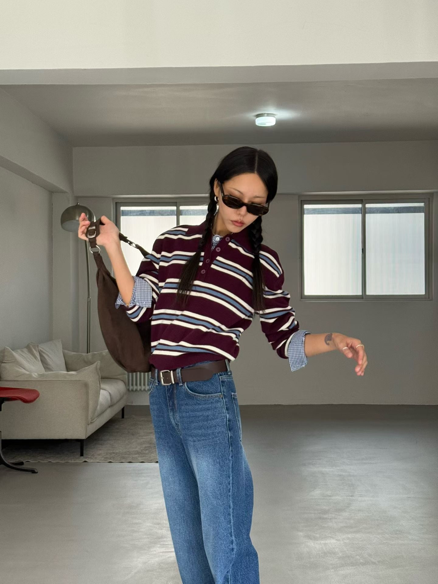 TP22025- 韓國撞色條紋短版POLO針織衫