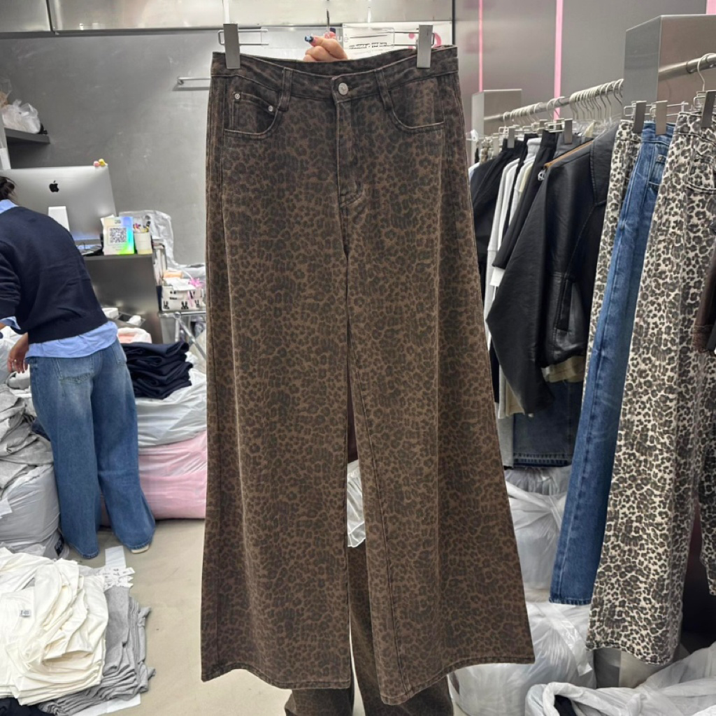 DN21901- 韓國復古豹紋水洗直筒顯瘦休閒褲2色