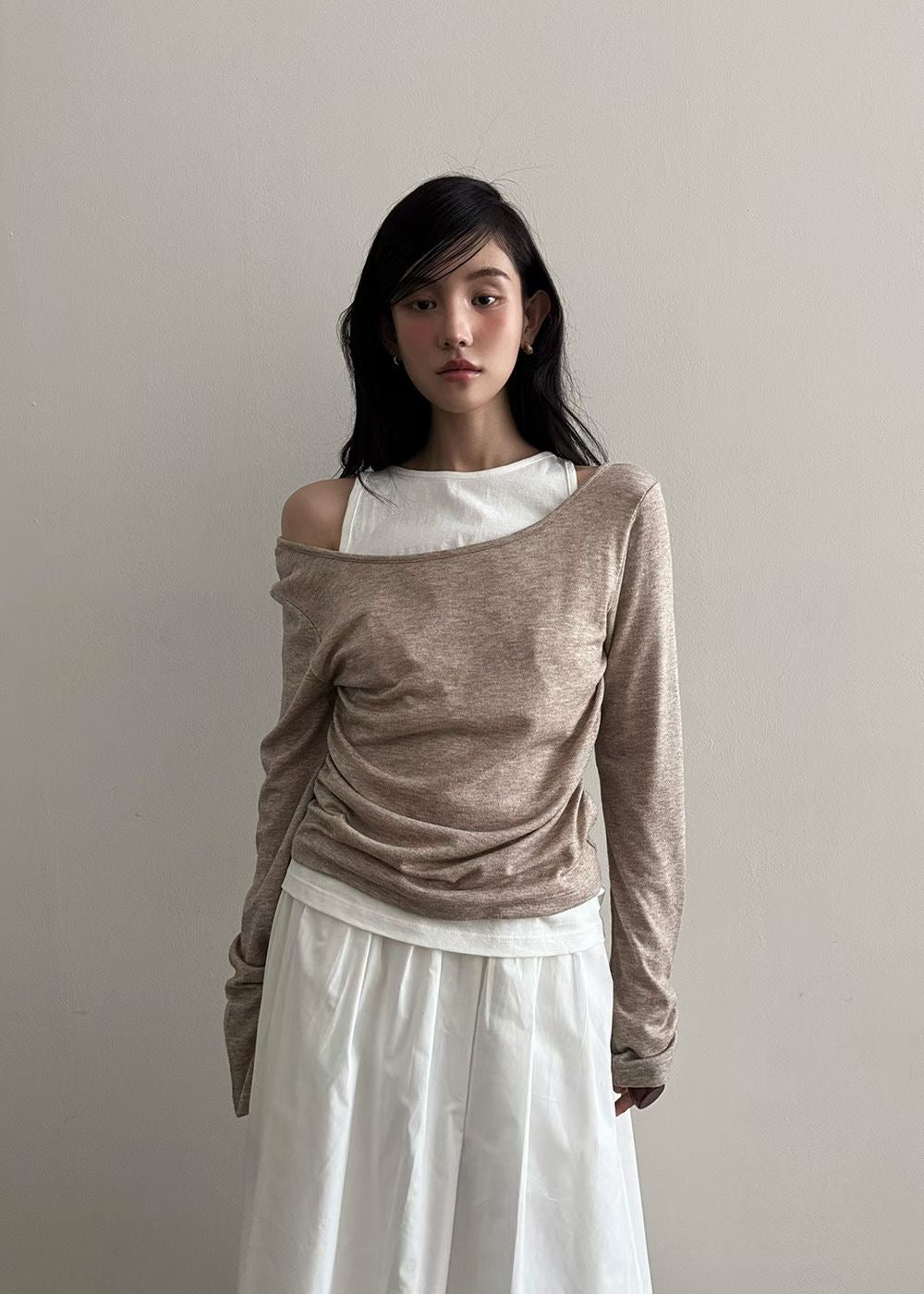 SK21822- 韓系假兩件不規則針織上衣