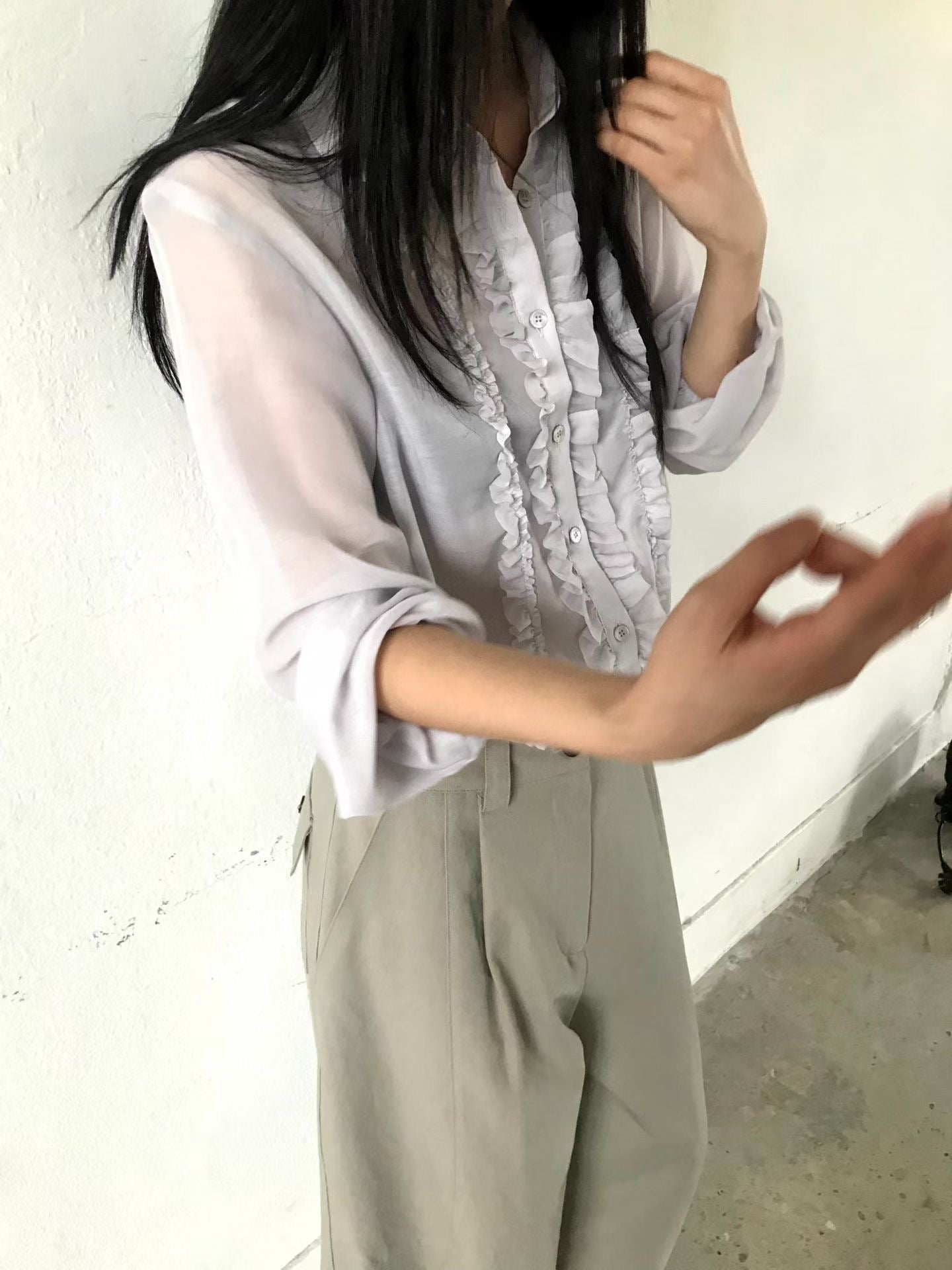 TP21968- 韓國浪漫法式甜美荷葉邊雪紡襯衫