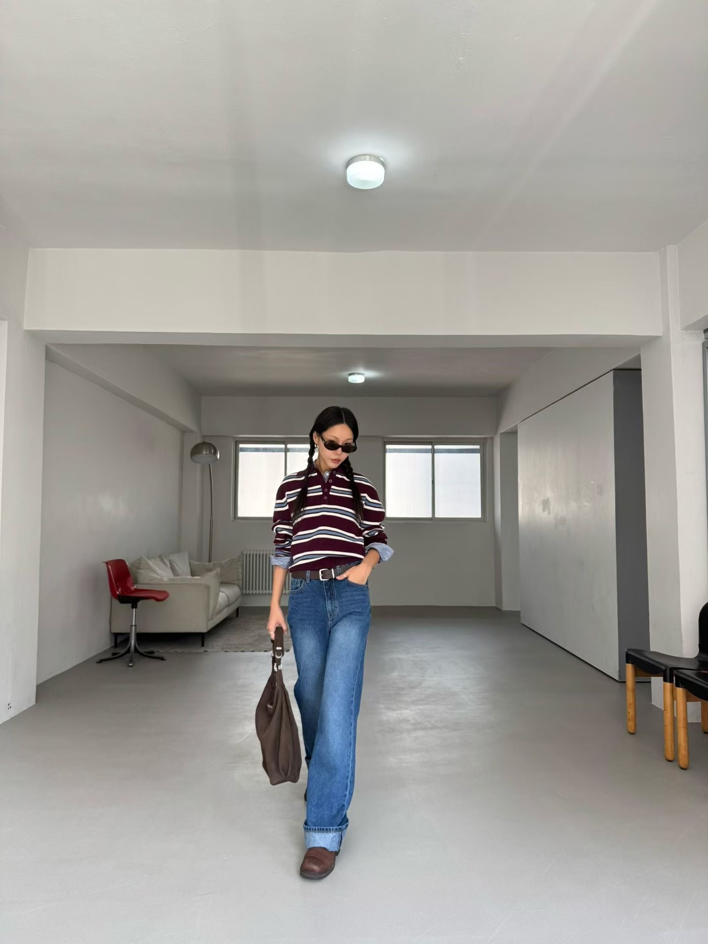 TP22025- 韓國撞色條紋短版POLO針織衫