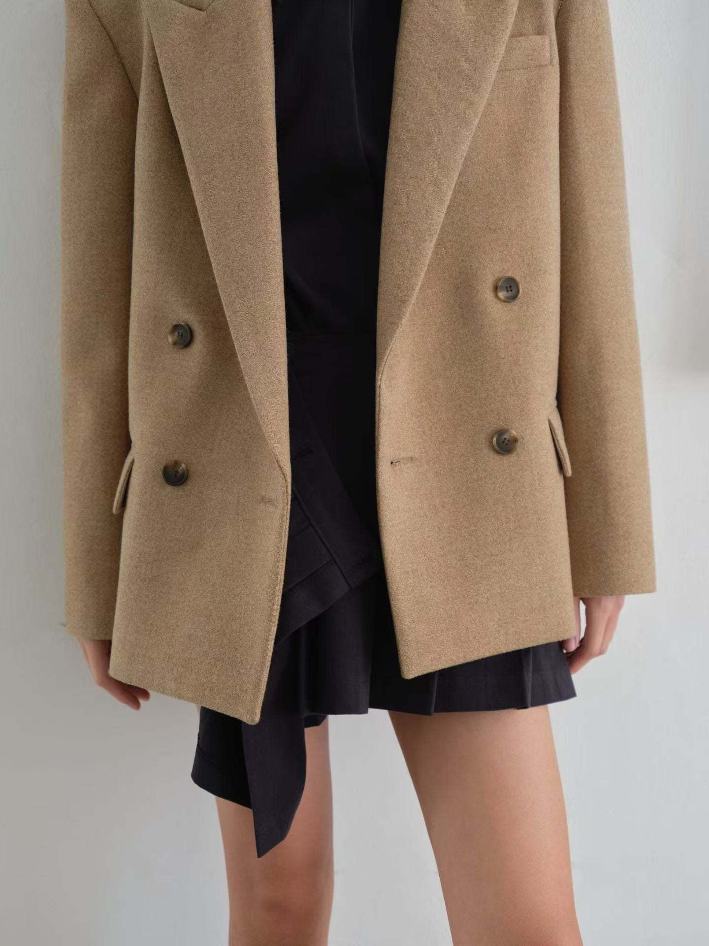 OT22026- 韓國設計師款經典寛鬆百搭毛呢雙排扣西裝