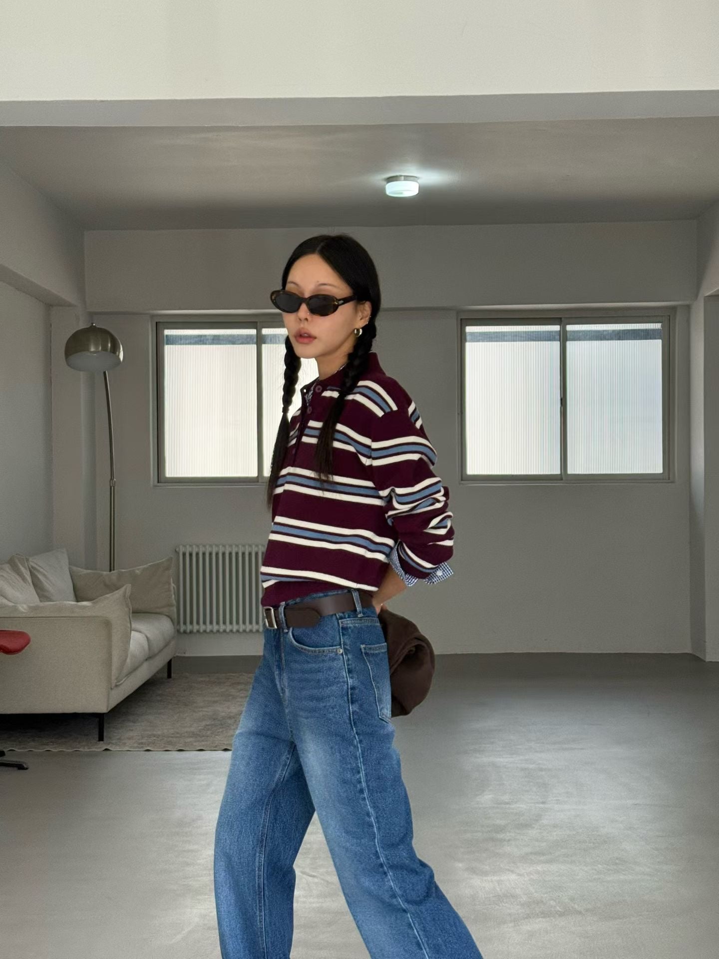 TP22025- 韓國撞色條紋短版POLO針織衫