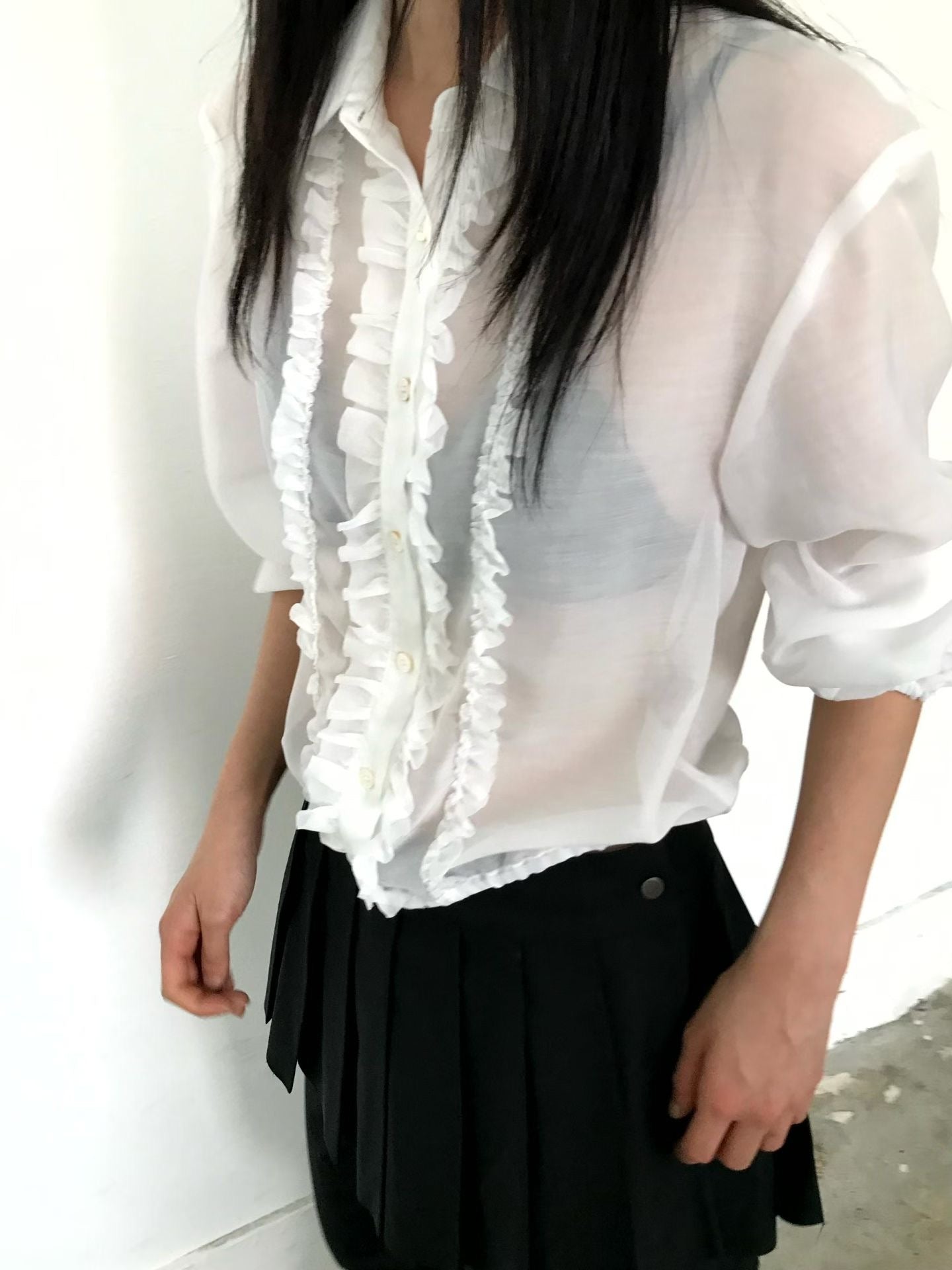 TP21968- 韓國浪漫法式甜美荷葉邊雪紡襯衫