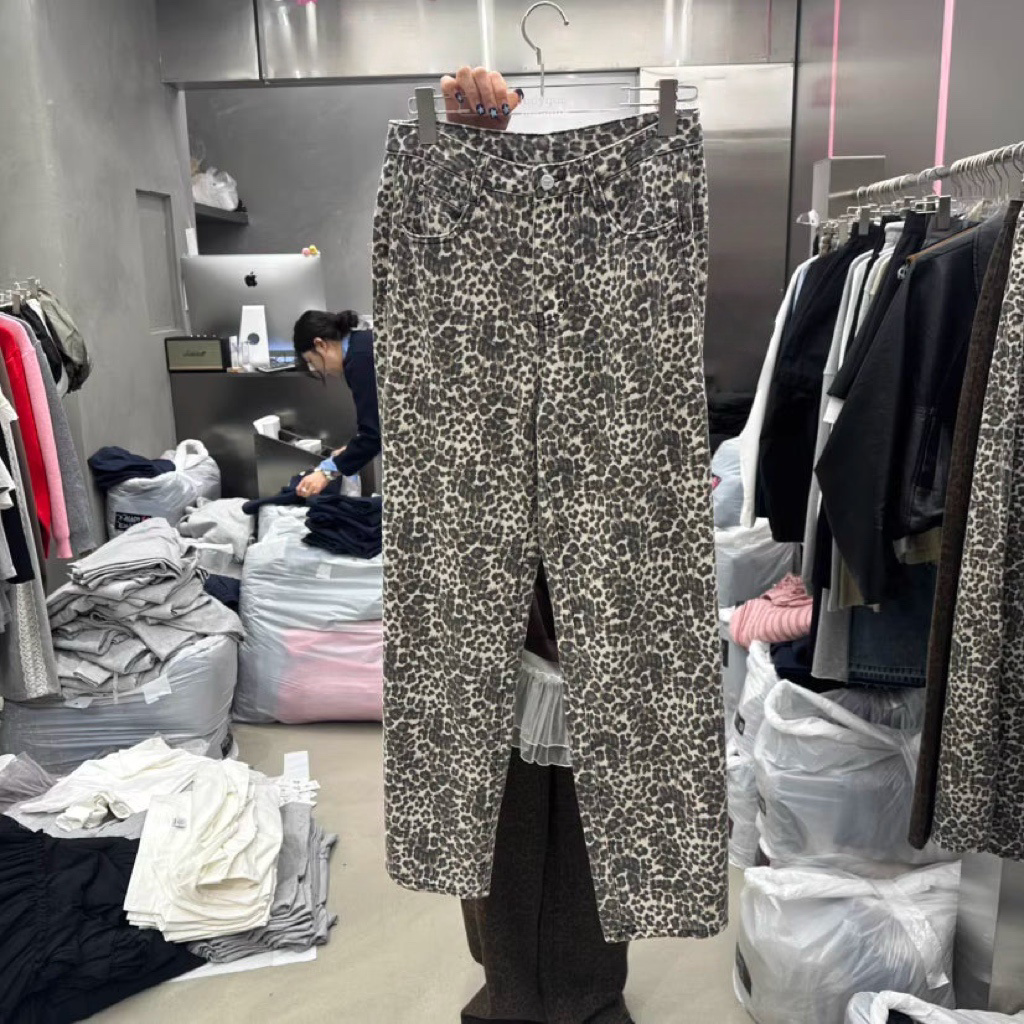 DN21901- 韓國復古豹紋水洗直筒顯瘦休閒褲2色