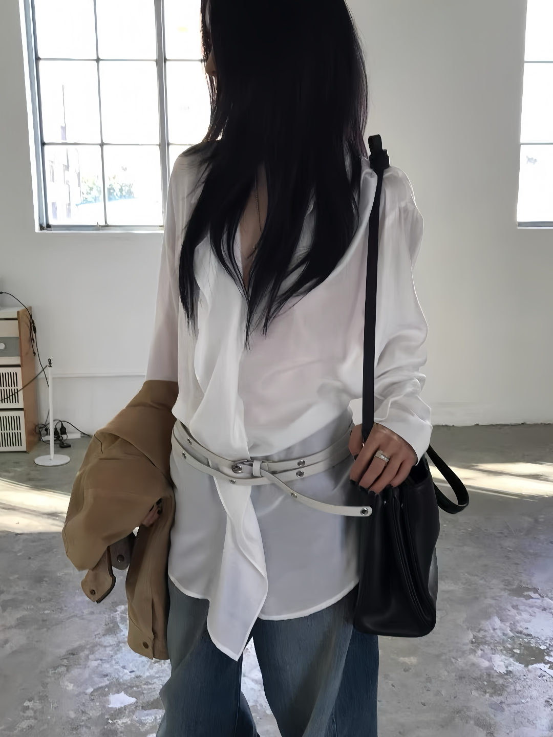 TP21812- 韓國設計感不規則交叉綁帶襯衫垂墜長版上衣