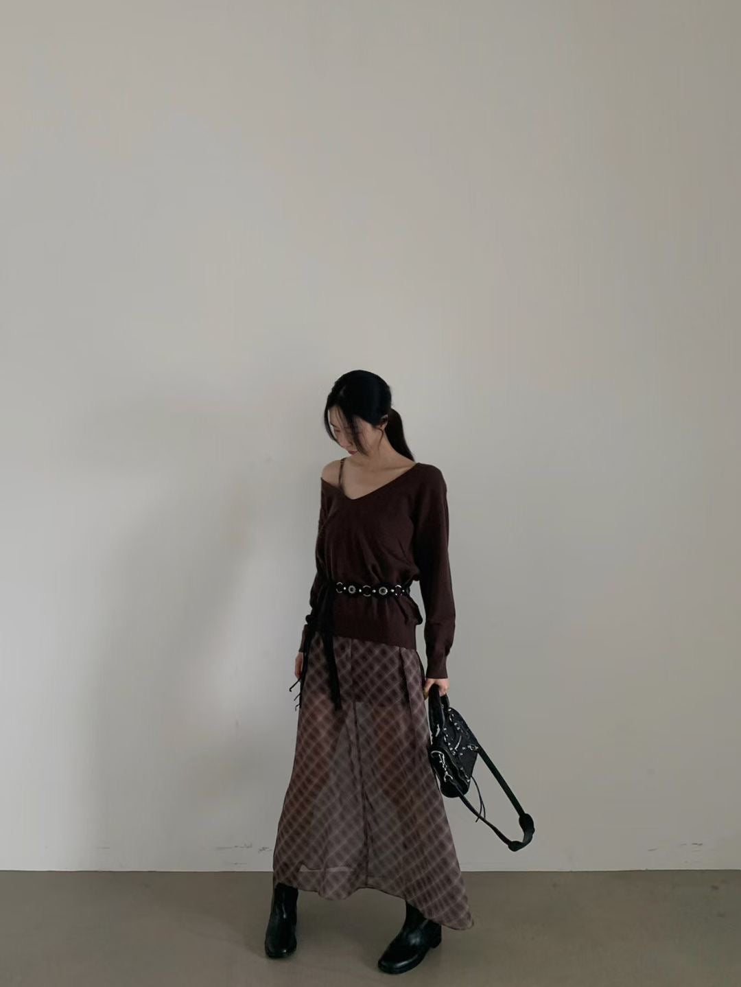 DS21819- 法式復古格紋透膚長裙(不包腰带)