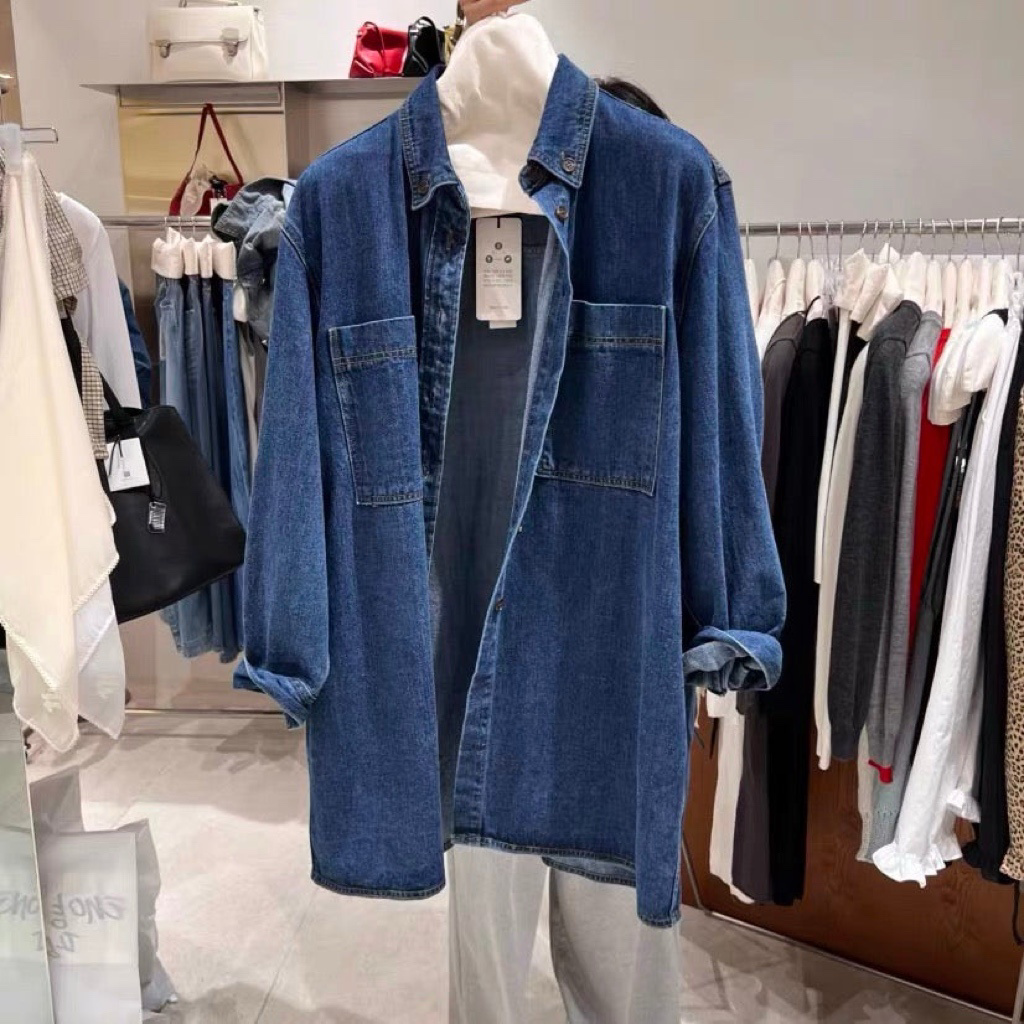 DN21899- 美式復古寬鬆長版牛仔襯衫外套