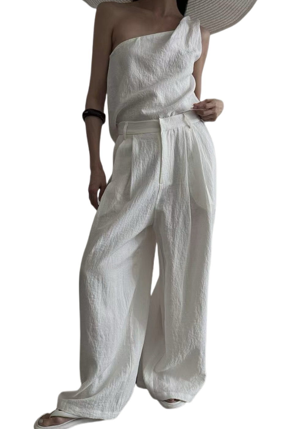 ST21508 - Designer niche asymmetrical one-shoulder strap + high-waisted straight loose casual long pants set