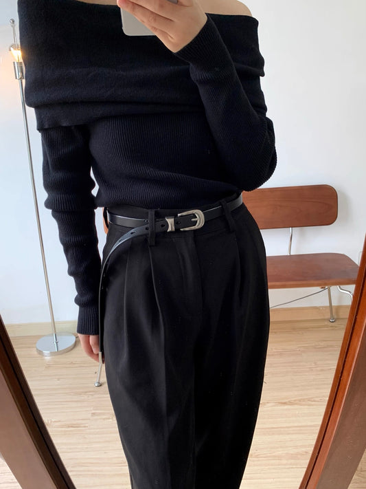 AC22036- 簡約曲線釦細版牛皮腰带皮帶