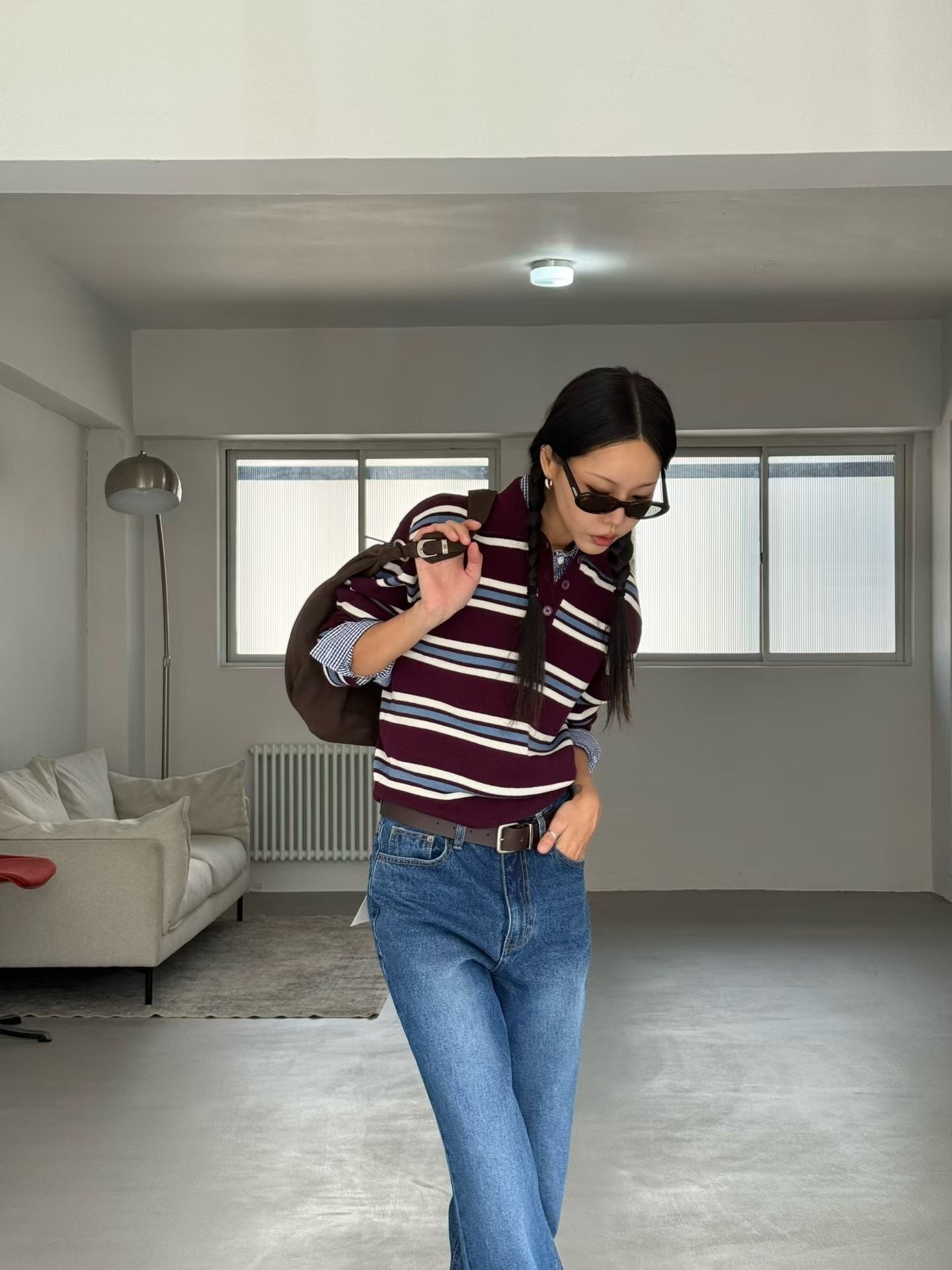 TP22025- 韓國撞色條紋短版POLO針織衫