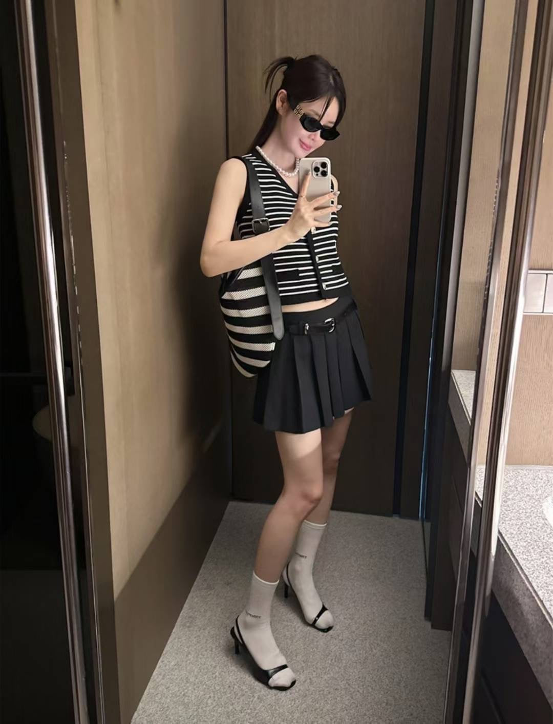 TP21513- 法式小香風條紋針織短版上衣