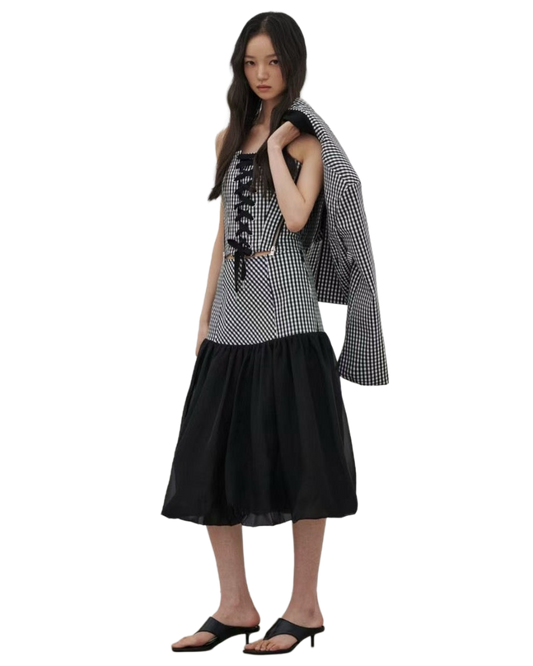 ST21122B- 時尚黑白格紋綁帶束腰抹胸上衣網紗中長裙套裝