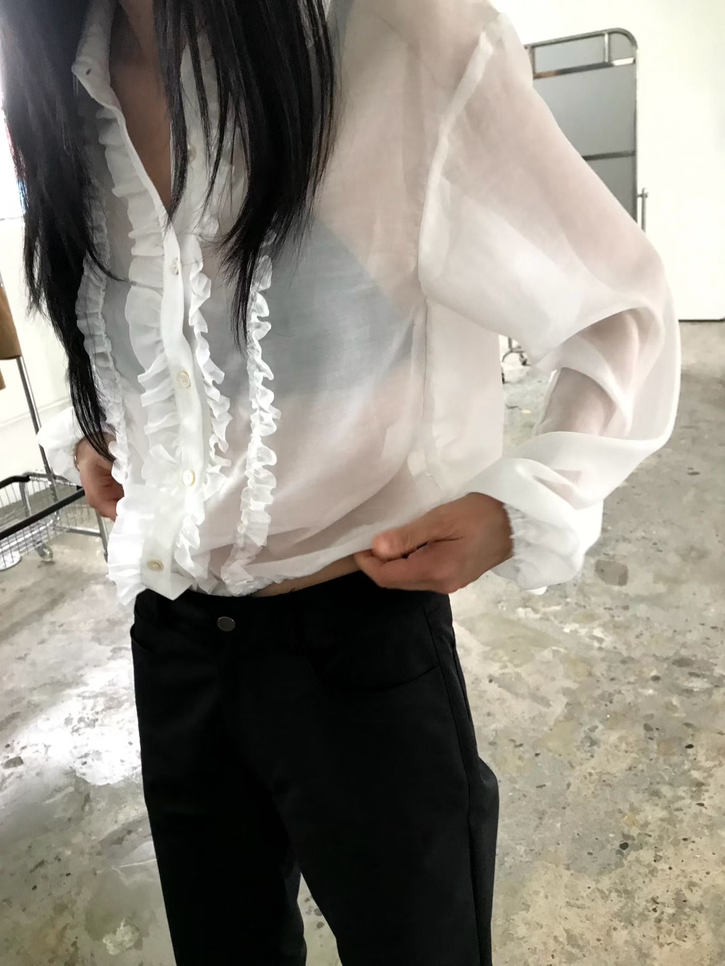 TP21968- 韓國浪漫法式甜美荷葉邊雪紡襯衫