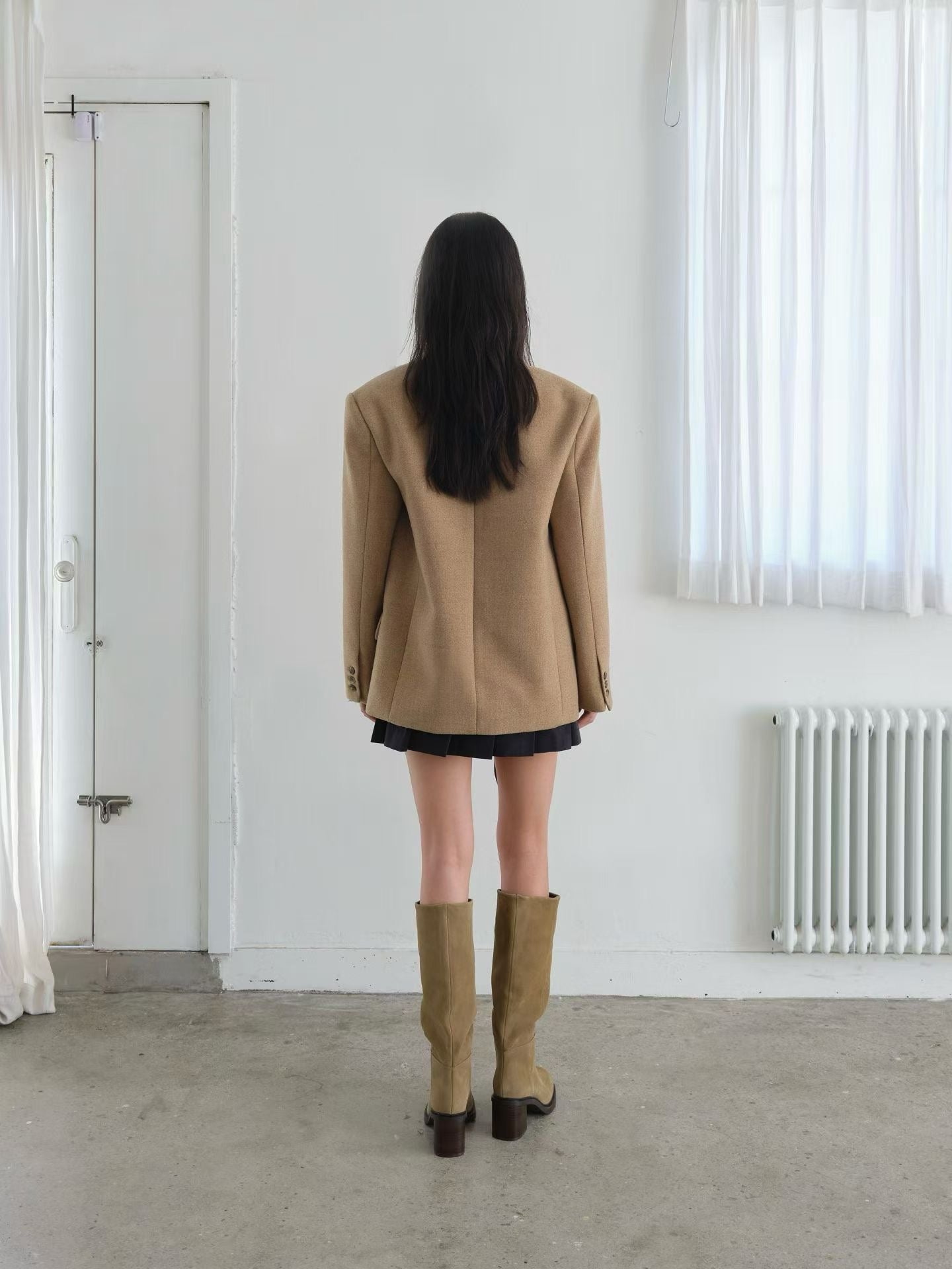 OT22026- 韓國設計師款經典寛鬆百搭毛呢雙排扣西裝