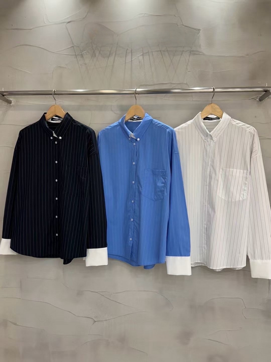 TP21871- 韓國簡約撞色領條紋寬鬆襯衫