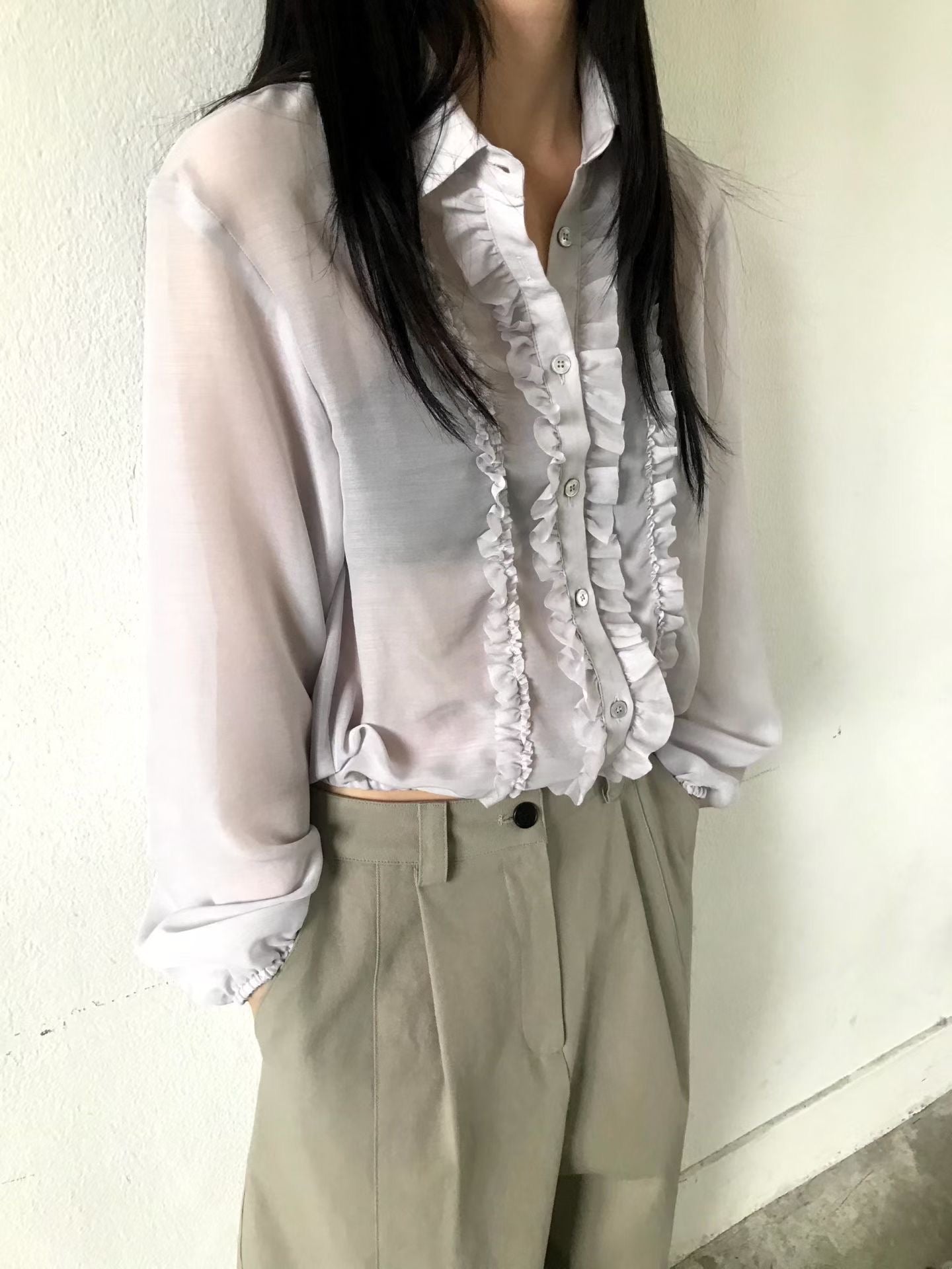 TP21968- 韓國浪漫法式甜美荷葉邊雪紡襯衫